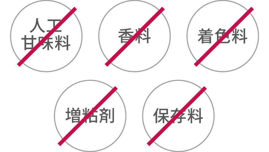人工甘味料、香料、着色料、増粘剤、保存料不使用