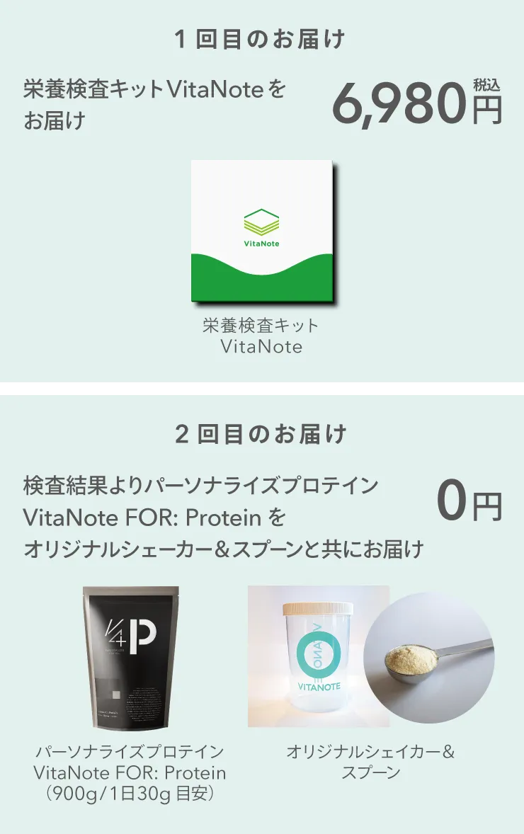 [申し込み]栄養検査キットVitaNoteをお届け 6,980円 [1ヶ月後〜]検査結果よりパーソナライズプロテインVitaNote FOR: Proteinを	オリジナルシェーカー＆スプーンと共にお届け 0円